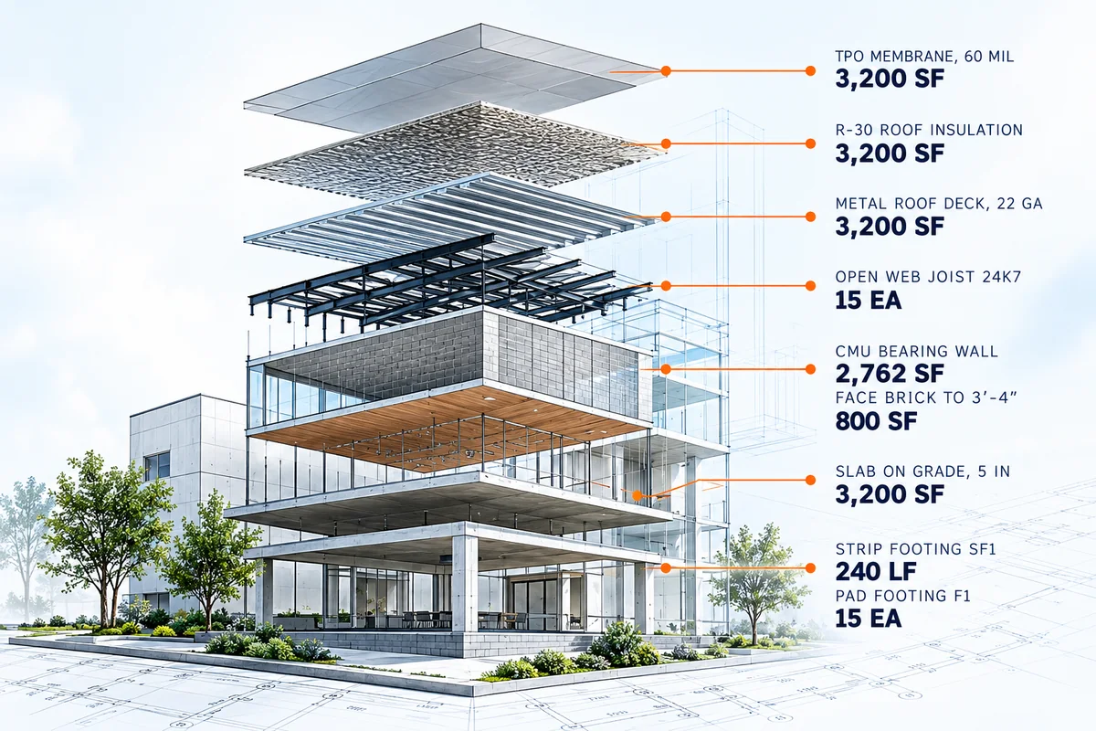 A building drawn in layers, each layer labeled with its measured quantity: roof membrane 3,200 SF, open web joists 15 EA, bearing wall 2,762 SF, slab on grade 3,200 SF, strip footing 240 LF