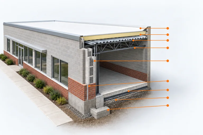 The single-story sample hall cut open at one corner, showing each measured layer in place: TPO roof 3,200 SF, R-30 roof insulation 3,200 SF, metal roof deck 3,200 SF, steel joists 15 EA, 8 in CMU walls 2,762 SF, face brick 726.67 SF net of openings, slab on grade 3,200 SF on a vapor retarder and aggregate base, and pad footings 15 EA