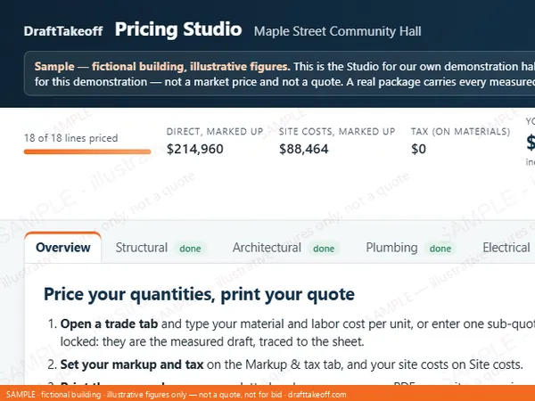 The sample Pricing Studio: prices typed against locked quantities, with live totals