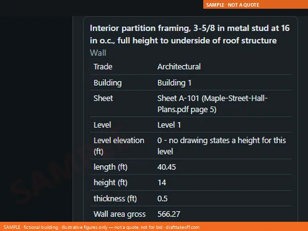 The sample Quantity Model: a tapped partition showing its length, height, openings and the sheet it was measured on