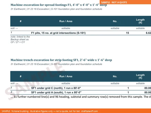 Excel workbook, sample: a calculation sheet, each quantity worked out row by row